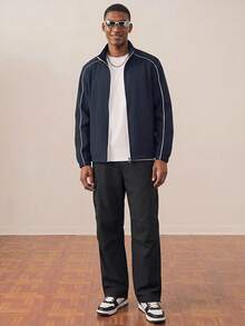 Manfinity Homme Men's Street Fashion Zip-Up Jacket - Navy Blue - View 3