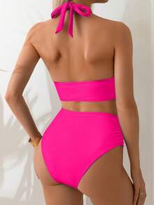 Swim Basics 2件組女款純色肩帶露背上衣與高腰比基尼下褲，附金色飾品，海灘度假比基尼套裝 - 玫紅色 - 查看 2