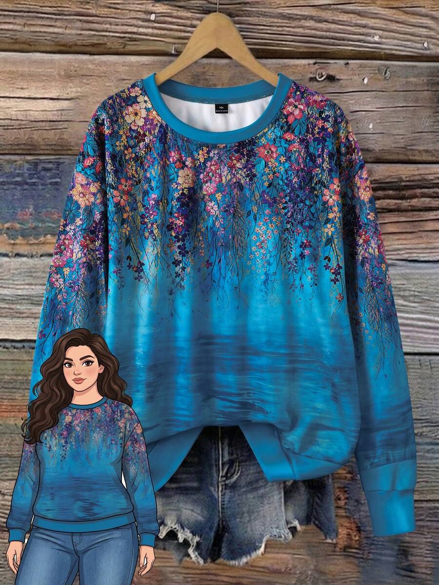 Rusticease Plus Size Floral Print Crew Neck Sweatshirt - Multicolor - View 1
