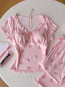 Comfortcana Conjunto de pijama casual y lindo con cuello de patrón de tulipán, empalmado y con volantes - Rosa - Ver 8