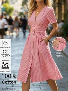 Editum Women's Red And White Striped V-Neck Short Petal Sleeve Single-Breasted Pocket Casual French Vintage Elegant Mid-Length Dress Vacation Summer Brunch - Red - View 2