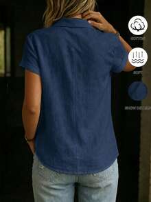 SHEIN Women's Blue Cross V-Neck Tie Front Blouse, Women's Vacation Shirt - Navy Blue - View 2