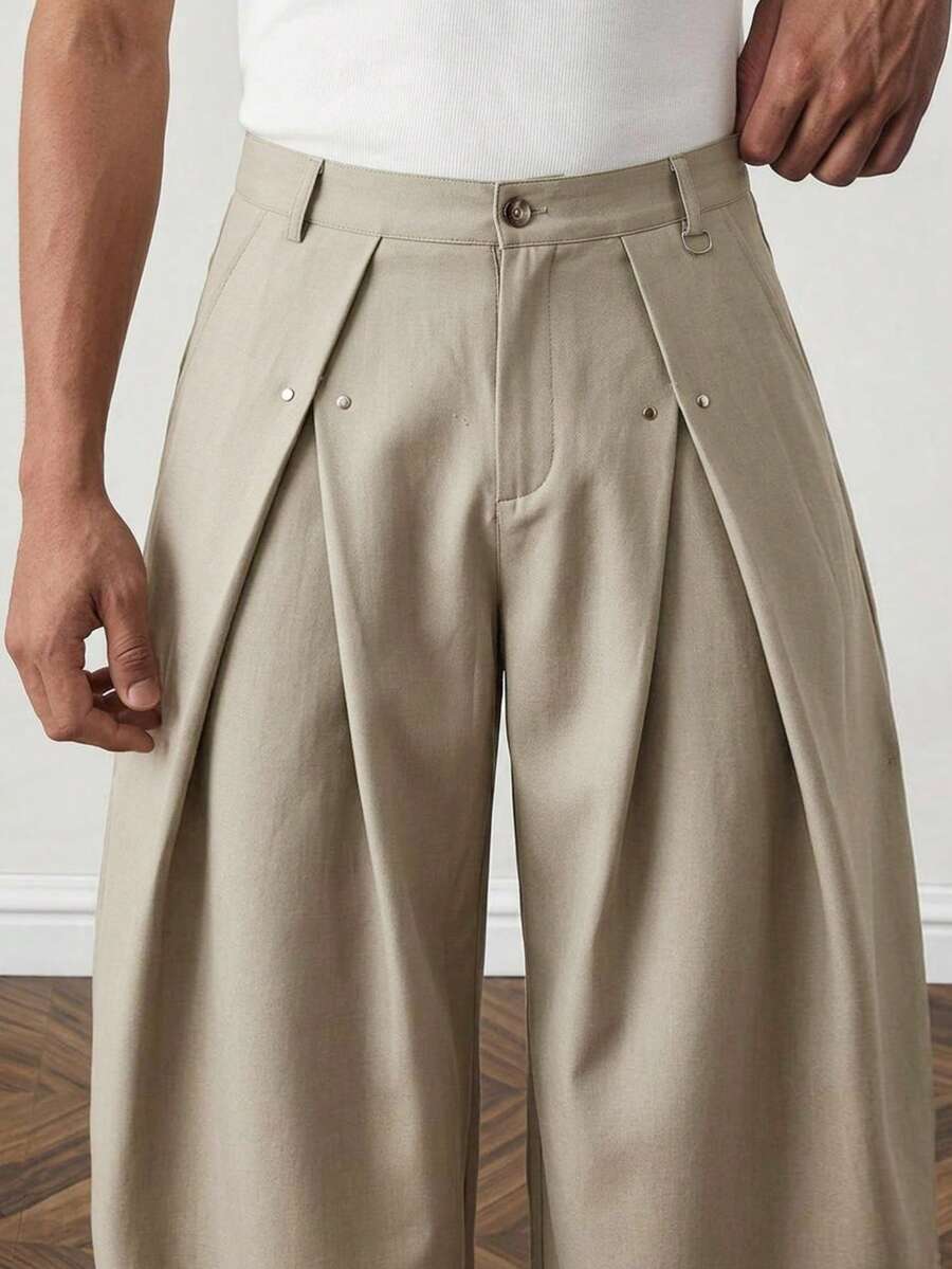 SWAVVY Men's Solid Color Waist Button Pocket Pleated Fashion Versatile Long Pants - Navy Blue - View 1
