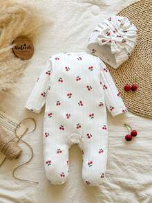 SHEIN Vintaside Kids 新生女嬰白色條紋甜美可愛鬆款前開拉鍊荷葉邊連身褲附腳套兩件套拍照裝 - 杏色 - 查看 6