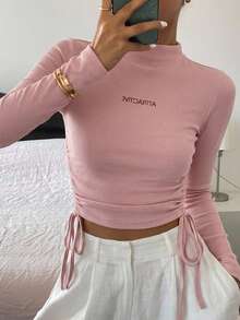 DAZY Letter Graphic Drawstring Side Mock Neck Tee,Fall Clothes Long Sleeve Women Tops - Pink - View 10