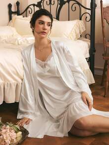 Côtesoire French Elegant Sexy Lace Patchwork Comfortable Satin Camisole Mini Nightgown And Tie-Front Robe Women's Sleepwear Set - White - View 1
