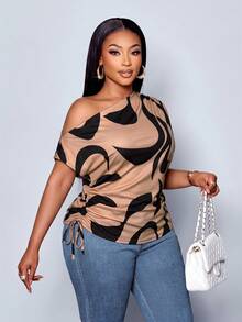 SOLERSUN Women's Plus Size Geometric Printed Asymmetrical Shoulder Drawstring Ruched Side Blouse, Random Print,One Shoulder Top - Khaki - View 4