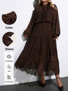 Maija Plus Size Women's Brown Elegant Dinner Tea Party Maxi Dress,Twist Collar Lantern Sleeve Layered Hem Semi-Sheer Retro Country Office Business Casual - Brown - View 9