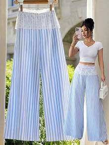 Selianne Fabric Contrast Lace Striped Elegant Chic Conservative Sexy Romantic Casual Minimalist Women's Long Pants Beach Vacation Blue White Striped Autumn - Blue and White - View 1