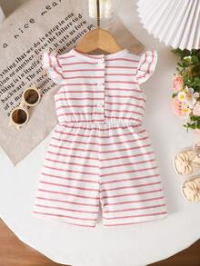 SHEIN Playful Pals Infant Girls Casual Striped Romper Spring/Summer - Pink - View 4