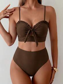 Swim Chiccia Women's Two Pieces Solid Color Slimming Adjustable Strap High-Waist Triangle Bikini Set Set, Elegant For Beach, Holiday, Party, Valentine's Day - Coffee Brown - View 3