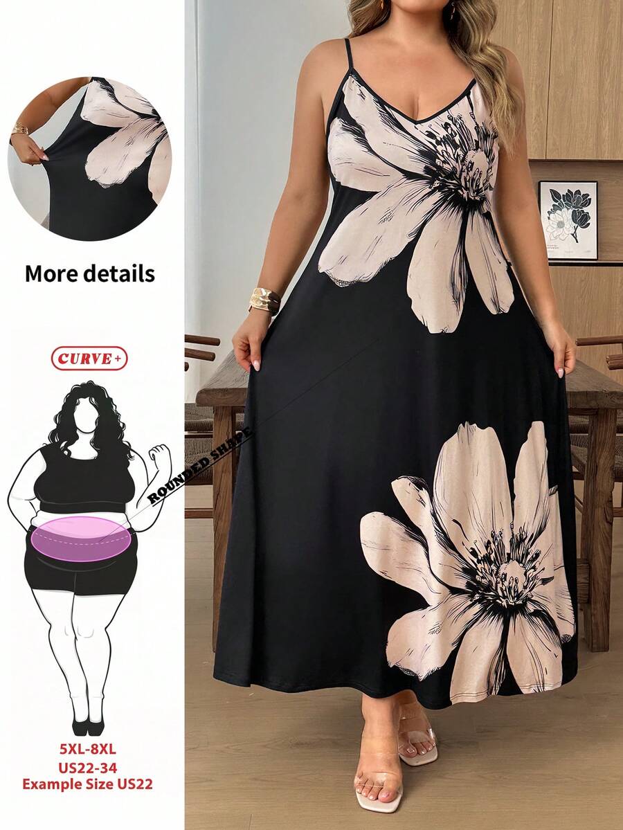 SHEIN CURVE+ 大尺碼春夏基礎款黑色細肩帶洋裝 - 彩色 - 查看 1