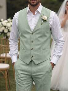 Manfinity Mode Men's Plus-Size Solid Colour Suit Waistcoat And Trouser Set For Weddings, Men's Formal Attire - Green - View 1