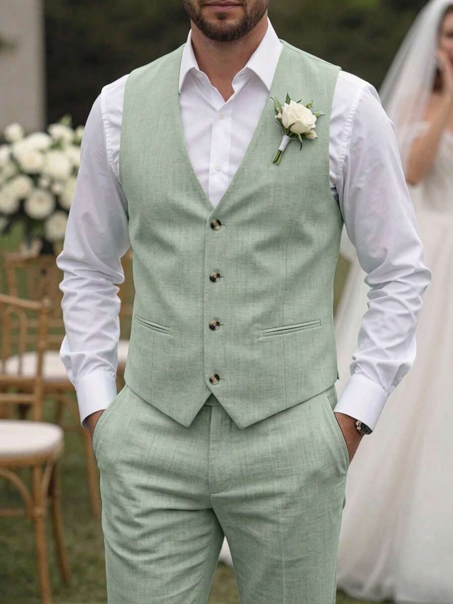 Manfinity Mode Men's Plus-Size Solid Colour Suit Waistcoat And Trouser Set For Weddings, Men's Formal Attire - Green - View 1