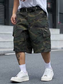 Manfinity EMRG 男士街頭風休閒多口袋工裝拉鍊迷彩牛仔短褲 - 軍綠色 - 查看 3