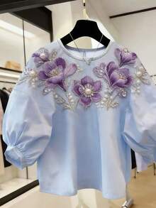 SHEIN Franclia Women's Short Sleeve Floral Print Summer Spring Elegant Romantic Wedding Party Blouse, Elegant Party Light Blue Floral - Multicolor - View 3