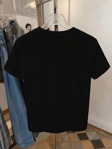 SHEIN LUNE Plus Size Solid Black Blue Hibiscus Floral Side Print Crew Neck Short Sleeve Casual Basic T Shirt Women Summer - Multicolor - View 2