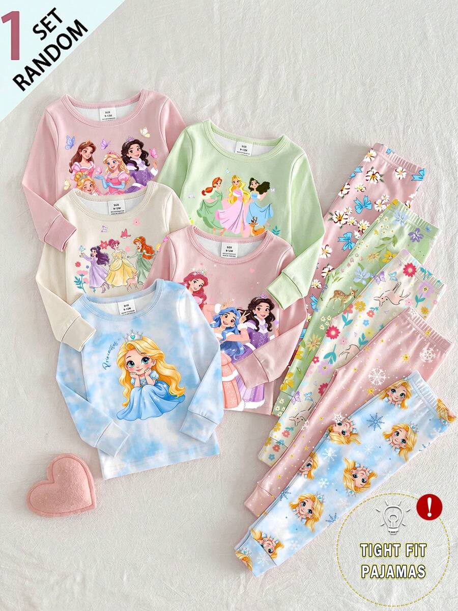SHEIN 【隨機發貨 1 套】女童公主圖案圓領修身高彈力套頭長袖上衣+滿版印花長褲,四季居家休閒套裝,2 件套,1 套 - 彩色 - 查看 1