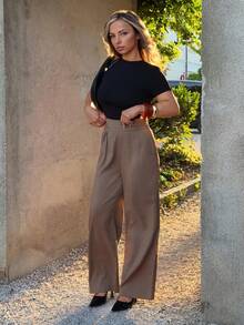 Jeta Ari Pleated High Waist Elegant Commuter Wide Leg Pants In Fall/Winter - Rust Brown - View 7