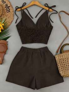 Franclia Casual Sleeveless Crop Top And Shorts Set - Chocolate Brown - View 2
