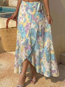 DAZY Women's Elegant Chiffon Floral Print Ruffle Hem Mid-Length Skirt, Suitable For Summer,Back To School Clothes Vacation Easter Boho - Green - View 15