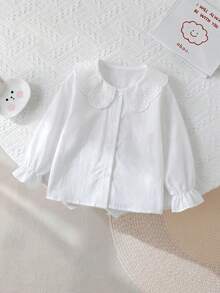 SHEIN 女嬰優雅白色蕾絲彼得潘領長袖襯衫 - 白色 - 查看 4