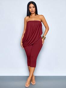 SOLERSUN Mono Capri Ajustado con Hombros Descubiertos, Drapeado y Fruncido para Mujer, Conjunto Casual de Verano 2 en 1 para Salir, Mono Asimétrico con Hombros Descubiertos y Drapeado de Verano Y2K para Mujer, Conjunto de 2 Piezas de Pantalones Capri Ajustados para Club, Fiesta y Vacaciones, Mono de Verano 2025 para Mujer con Hombros Descubiertos, Fruncido, Drapeado y Bajo Asimétrico, Conjunto Casual de Pantalones Capri Ajustados para Salir - Rojo - View 3