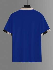 Calvornis 男士珠飾刺繡羅紋領短袖休閒 Polo 衫 - 寶藍色 - 查看 5