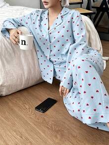 SHEIN Casual Underwear&Sleepwear 女款寬鬆版型翻領紅色愛心印花長袖長褲睡衣套裝 - 藍色 - 查看 7