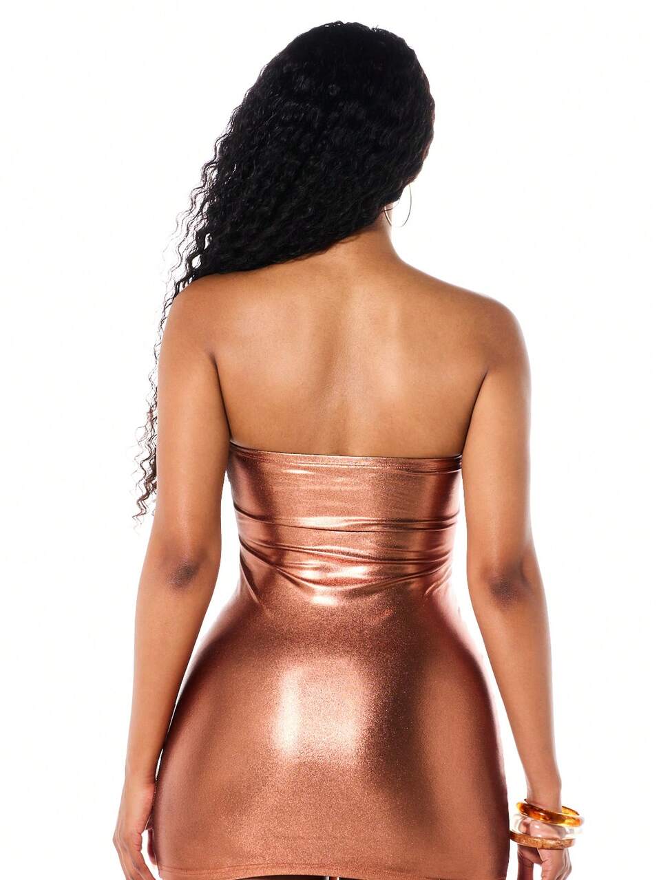 SUMWON WOMEN Metallic Foil Bandeau Strapless Cut-Out Ruched Mini Dress Bodycon Party Club Night Out