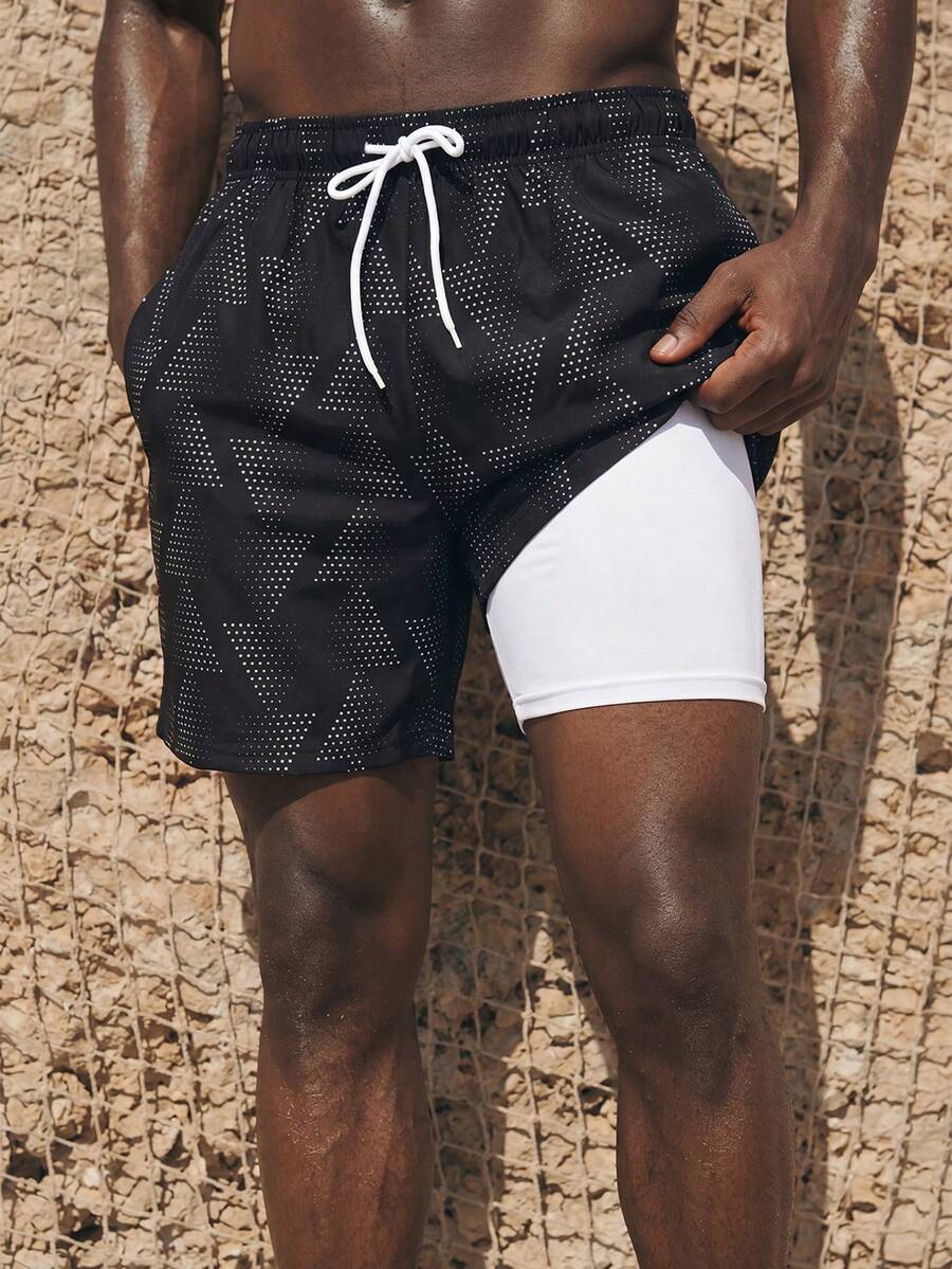 Manfinity KASUA Men's Geometric Printed Drawstring Beach Shorts With Built-In Briefs,Hawaiian - Black and White - View 1