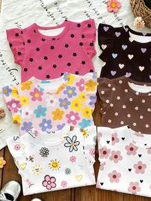 女嬰夏季甜美圓領短袖 T-shirt，6 款隨機花朵心形波點花卉印花，柔軟親膚荷葉袖休閒內搭上衣 - 彩色 - 查看 3