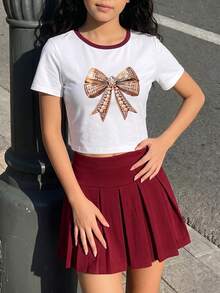 SHEIN 2件組少女甜酷學院風可愛套裝，對比色圓領T恤搭配酒紅色百褶迷你裙，蝴蝶結印花，夏季白色 - 紅色 - 查看 6