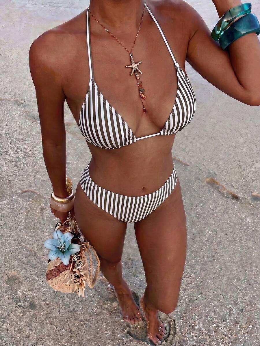 Swim Mod Women's Summer Black With White Polka Dot Print New Sexy Halter Neck Low Waist Triangle Bikini Set - Brown - View 1