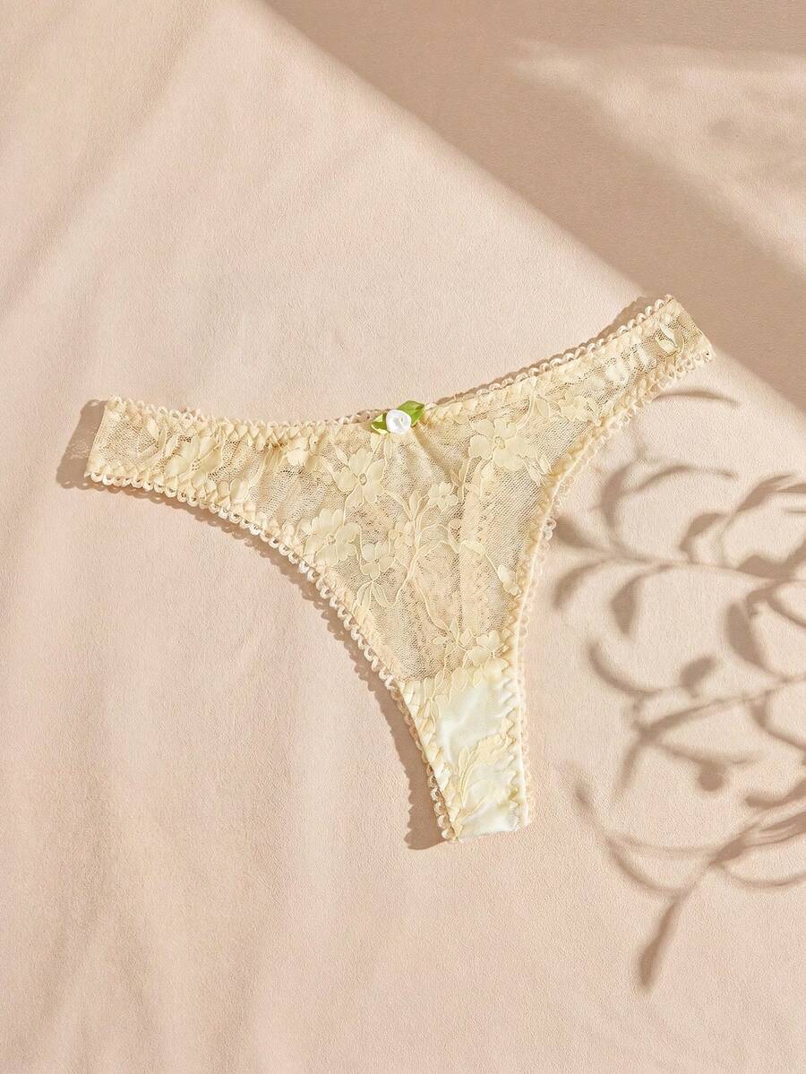 Lullawish Bohemian Lace Trim Comfortable Minimalist Women's Thong Panties - Apricot - View 1