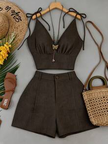 Franclia Casual Sleeveless Crop Top And Shorts Set - Chocolate Brown - View 3