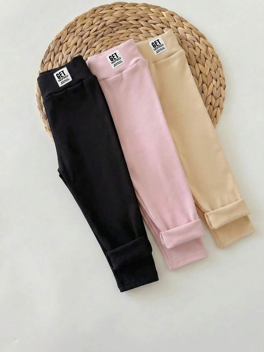 SHEIN 女嬰可愛休閒針織純色字母圖案鬆緊腰長褲三件套 - 彩色 - 查看 1