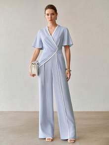 MOTF PREMIUM CONTRAST TRIM SHORT SLEEVE OVERLAP COLLAR JUMPSUIT - Blue - View 5