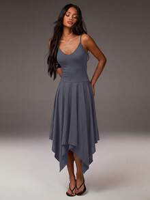 Athîral Vestido Casual Feminino de Malha de Cor Sólida Assimétrico de Comprimento Médio com Alças Finas, Vestido Fluido Feminino para o Dia a Dia, Vestido Casual - Chumbo - Visão 3