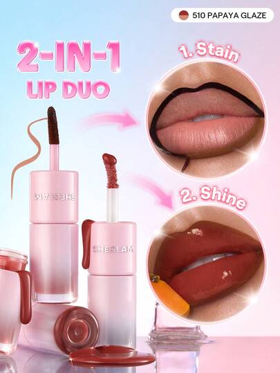 SHEGLAM Line To Shine Peel-Off Lip Stain & Gloss Duo-510 Papaya Glaze 2-In-1 Long-Lasting Combo Liquid Lipstick Lip Liner