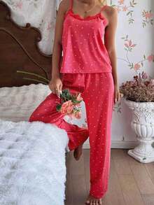 CottageSlumber Women's All-Season Knitted Ribbed Black Heart Print Sexy Camisole Pajama Set, Suitable For Outdoor Wear - Pink - View 3