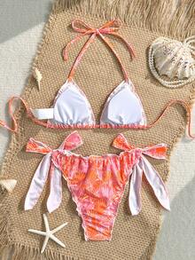 Swim Vcay Set Bikini Wanita 2 Potong Musim Panas Seksi Motif Kerang & Bunga Acak Tepi Bergelombang Leher V Model Halter - MultiWarna - View 2