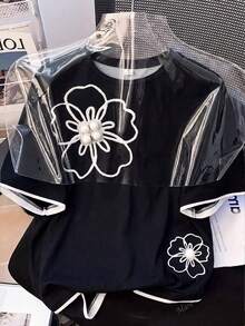 SHEIN Teen Girl Teen Girls T-Shirts Floral Print Crew Neck Short Sleeve Casual Versatile - Black - View 3