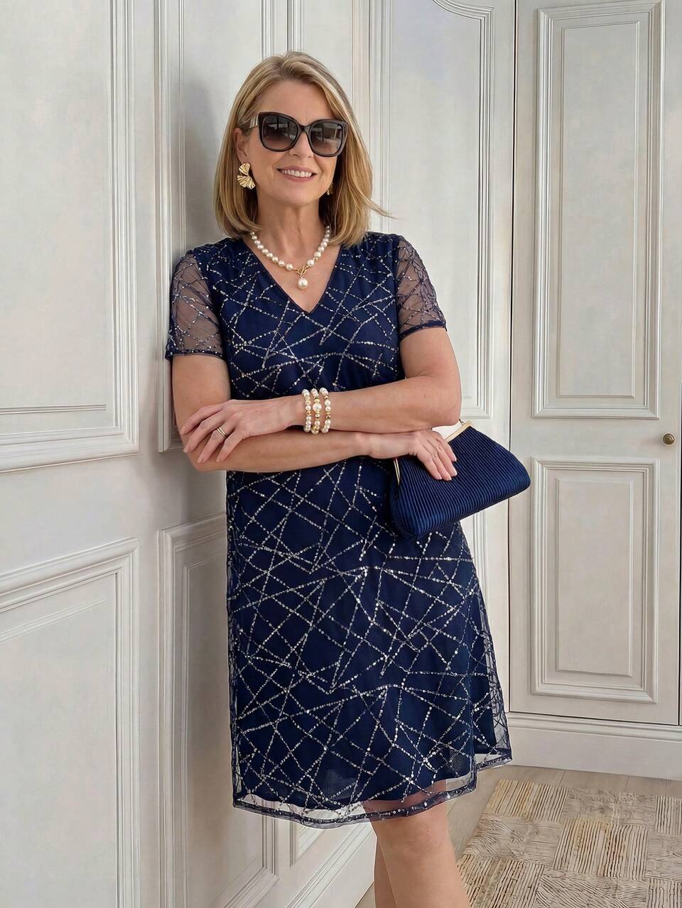 Middle-Aged Women V-Neck Mesh Patchwork Casual Party Dress