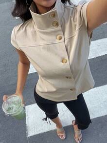 Aloruh Minimalist Elegant Casual Modest Commuter Stand Collar Button Decor Front Opening Beige Fitted Women's Shirt Daytime Summer Teachers' Day Office - Khaki - View 8