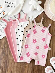 SHEIN LMoss Kids 新生兒花卉印花吊帶連身褲，適合夏季 - 彩色 - 查看 5