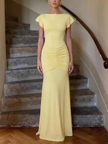 Lumalex Pale Yellow Boat Neck Maxi Dress With Flutter Sleeves Ruched Hip Detail Bodycon Bodice And Flared Hem Skirt Summer Holiday Outfits Elegant Dinner - Light Yellow - View 3