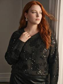 MOTF PREMIUM PLUS WOMEN'S FASHIONABLE SEQUIN EMBROIDERED TEXTURED AUTUMN/WINTER PULLOVER SWEATER - Dark Grey - View 10