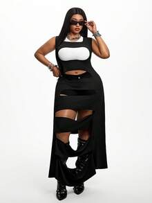 Maweii Robe longue élégante pour femmes grandes tailles, noire, sans manches, design ajouré, fente, drapée, asymétrique, sexy, style de rue, personnalisée, robe d'été amincissante asymétrique - Noir - Voir 1