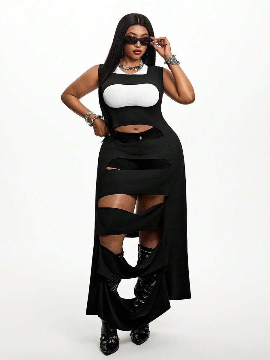 Maweii Robe longue élégante pour femmes grandes tailles, noire, sans manches, design ajouré, fente, drapée, asymétrique, sexy, style de rue, personnalisée, robe d'été amincissante asymétrique - Noir - Voir 1